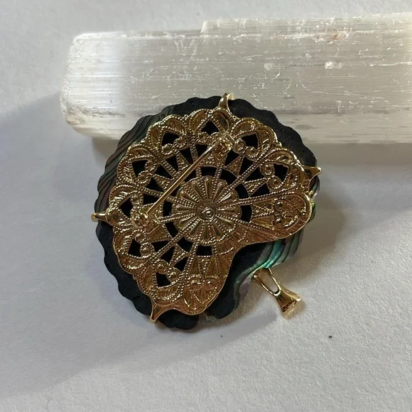 Vintage Abalone Shell "Sea Opal" Gold Plated Peacock Brooch - Picture 4 of 5